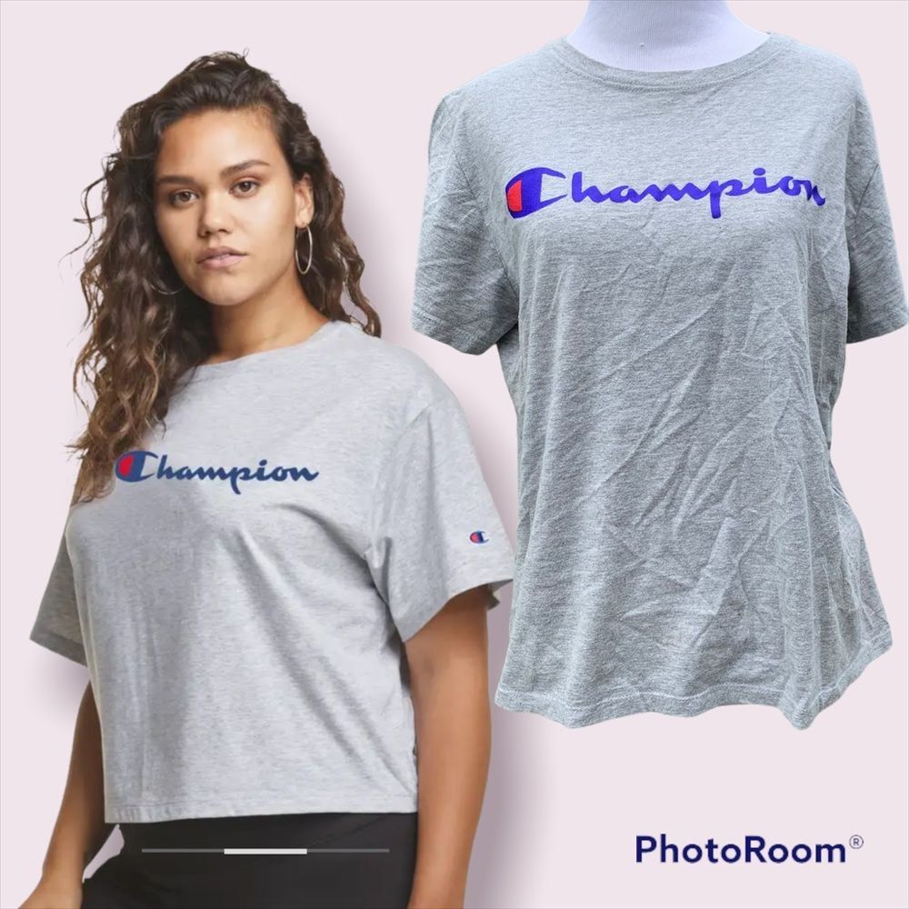 Champion Classic Script C Logo Grey Graphic Tee Large Vtg??